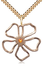 [5109GF-STN11/24G] 14kt Gold Filled Five Petal Flower Pendant with a 3mm Topaz Swarovski stone on a 24 inch Gold Plate Heavy Curb chain