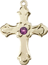 [6036KT2-STN2] 14kt Gold Cross Medal with a 3mm Amethyst Swarovski stone