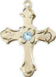 [6036KT2-STN3] 14kt Gold Cross Medal with a 3mm Aqua Swarovski stone