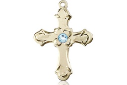 [6036KT2-STN3] 14kt Gold Cross Medal with a 3mm Aqua Swarovski stone