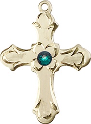 [6036KT2-STN5] 14kt Gold Cross Medal with a 3mm Emerald Swarovski stone