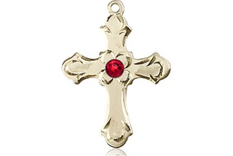 [6036KT2-STN7] 14kt Gold Cross Medal with a 3mm Ruby Swarovski stone