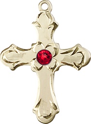 [6036KT2-STN7] 14kt Gold Cross Medal with a 3mm Ruby Swarovski stone