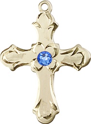 [6036KT2-STN9] 14kt Gold Cross Medal with a 3mm Sapphire Swarovski stone