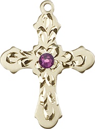 [6036KT3-STN2] 14kt Gold Cross Medal with a 3mm Amethyst Swarovski stone