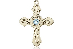 [6036KT3-STN3] 14kt Gold Cross Medal with a 3mm Aqua Swarovski stone