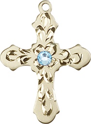 [6036KT3-STN3] 14kt Gold Cross Medal with a 3mm Aqua Swarovski stone