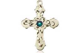 [6036KT3-STN5] 14kt Gold Cross Medal with a 3mm Emerald Swarovski stone