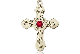 [6036KT3-STN7] 14kt Gold Cross Medal with a 3mm Ruby Swarovski stone