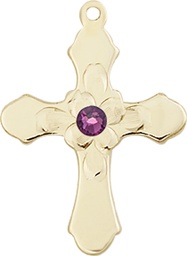 [6036KT4-STN2] 14kt Gold Cross Medal with a 3mm Amethyst Swarovski stone
