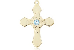 [6036KT4-STN3] 14kt Gold Cross Medal with a 3mm Aqua Swarovski stone