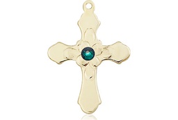 [6036KT4-STN5] 14kt Gold Cross Medal with a 3mm Emerald Swarovski stone