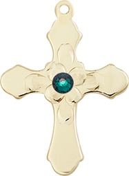 [6036KT4-STN5] 14kt Gold Cross Medal with a 3mm Emerald Swarovski stone