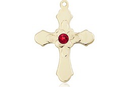 [6036KT4-STN7] 14kt Gold Cross Medal with a 3mm Ruby Swarovski stone