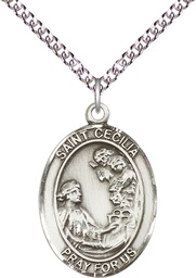 [7016SS/24SS] Sterling Silver Saint Cecilia Pendant on a 24 inch Sterling Silver Heavy Curb chain