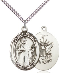 [7018SS6/24SS] Sterling Silver Saint Brendan Navy Pendant on a 24 inch Sterling Silver Heavy Curb chain