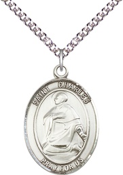 [7020SS/24SS] Sterling Silver Saint Charles Borromeo Pendant on a 24 inch Sterling Silver Heavy Curb chain