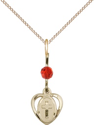 [5411RBGF/18GF] 14kt Gold Filled Heart Cross Pendant with a Ruby bead on a 18 inch Gold Filled Light Curb chain