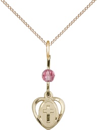 [5411ROGF/18GF] 14kt Gold Filled Heart Cross Pendant with a Rose bead on a 18 inch Gold Filled Light Curb chain