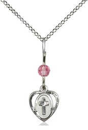[5411ROSS/18SS] Sterling Silver Heart Cross Pendant with a Rose bead on a 18 inch Sterling Silver Light Curb chain