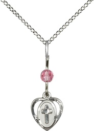 [5411ROSS/18SS] Sterling Silver Heart Cross Pendant with a Rose bead on a 18 inch Sterling Silver Light Curb chain