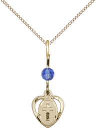 [5411SAGF/18GF] 14kt Gold Filled Heart Cross Pendant with a Sapphire bead on a 18 inch Gold Filled Light Curb chain