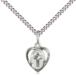 [5411SASS/18S] Sterling Silver Heart Cross Pendant with a Sapphire bead on a 18 inch Light Rhodium Light Curb chain
