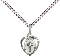 [5411SASS/18S] Sterling Silver Heart Cross Pendant with a Sapphire bead on a 18 inch Light Rhodium Light Curb chain