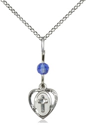 [5411SASS/18SS] Sterling Silver Heart Cross Pendant with a Sapphire bead on a 18 inch Sterling Silver Light Curb chain