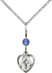 [5411SASS/18SS] Sterling Silver Heart Cross Pendant with a Sapphire bead on a 18 inch Sterling Silver Light Curb chain