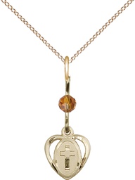 [5411TPGF/18GF] 14kt Gold Filled Heart Cross Pendant with a Topaz bead on a 18 inch Gold Filled Light Curb chain