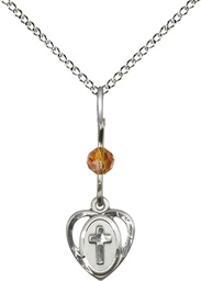 [5411TPSS/18SS] Sterling Silver Heart Cross Pendant with a Topaz bead on a 18 inch Sterling Silver Light Curb chain