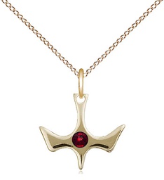 [5431GF-STN1/18GF] 14kt Gold Filled Holy Spirit Pendant with a 3mm Garnet Swarovski stone on a 18 inch Gold Filled Light Curb chain