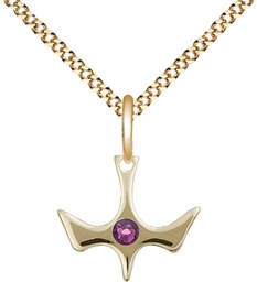 [5431GF-STN2/18G] 14kt Gold Filled Holy Spirit Pendant with a 3mm Amethyst Swarovski stone on a 18 inch Gold Plate Light Curb chain