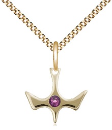 [5431GF-STN2/18G] 14kt Gold Filled Holy Spirit Pendant with a 3mm Amethyst Swarovski stone on a 18 inch Gold Plate Light Curb chain