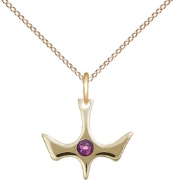 [5431GF-STN2/18GF] 14kt Gold Filled Holy Spirit Pendant with a 3mm Amethyst Swarovski stone on a 18 inch Gold Filled Light Curb chain