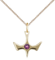 [5431GF-STN2/18GF] 14kt Gold Filled Holy Spirit Pendant with a 3mm Amethyst Swarovski stone on a 18 inch Gold Filled Light Curb chain