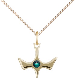 [5431GF-STN5/18GF] 14kt Gold Filled Holy Spirit Pendant with a 3mm Emerald Swarovski stone on a 18 inch Gold Filled Light Curb chain