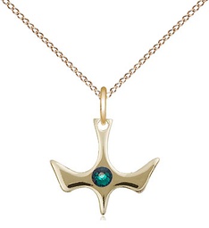 [5431GF-STN5/18GF] 14kt Gold Filled Holy Spirit Pendant with a 3mm Emerald Swarovski stone on a 18 inch Gold Filled Light Curb chain