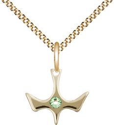 [5431GF-STN8/18G] 14kt Gold Filled Holy Spirit Pendant with a 3mm Peridot Swarovski stone on a 18 inch Gold Plate Light Curb chain