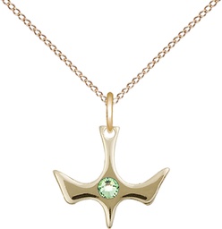 [5431GF-STN8/18GF] 14kt Gold Filled Holy Spirit Pendant with a 3mm Peridot Swarovski stone on a 18 inch Gold Filled Light Curb chain