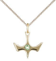 [5431GF-STN8/18GF] 14kt Gold Filled Holy Spirit Pendant with a 3mm Peridot Swarovski stone on a 18 inch Gold Filled Light Curb chain