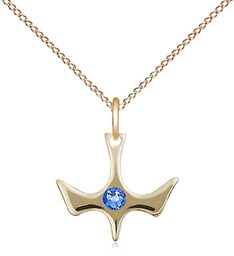 [5431GF-STN9/18GF] 14kt Gold Filled Holy Spirit Pendant with a 3mm Sapphire Swarovski stone on a 18 inch Gold Filled Light Curb chain