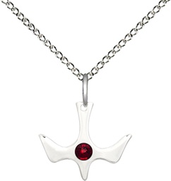 [5431SS-STN1/18SS] Sterling Silver Holy Spirit Pendant with a 3mm Garnet Swarovski stone on a 18 inch Sterling Silver Light Curb chain