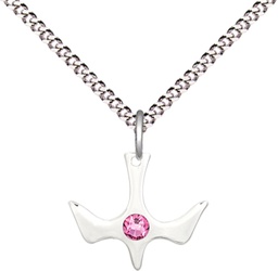 [5431SS-STN10/18S] Sterling Silver Holy Spirit Pendant with a 3mm Rose Swarovski stone on a 18 inch Light Rhodium Light Curb chain