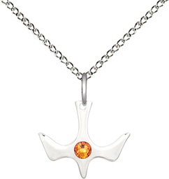 [5431SS-STN11/18SS] Sterling Silver Holy Spirit Pendant with a 3mm Topaz Swarovski stone on a 18 inch Sterling Silver Light Curb chain