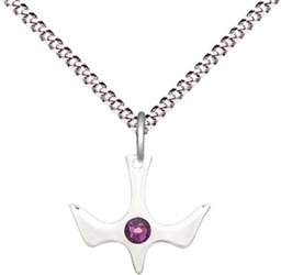 [5431SS-STN2/18S] Sterling Silver Holy Spirit Pendant with a 3mm Amethyst Swarovski stone on a 18 inch Light Rhodium Light Curb chain