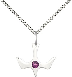 [5431SS-STN2/18SS] Sterling Silver Holy Spirit Pendant with a 3mm Amethyst Swarovski stone on a 18 inch Sterling Silver Light Curb chain