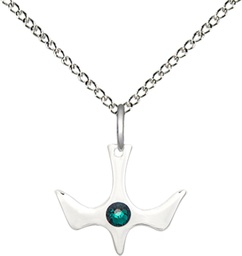 [5431SS-STN5/18SS] Sterling Silver Holy Spirit Pendant with a 3mm Emerald Swarovski stone on a 18 inch Sterling Silver Light Curb chain