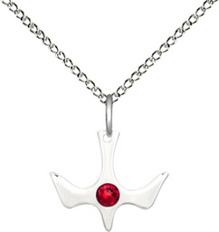 [5431SS-STN7/18SS] Sterling Silver Holy Spirit Pendant with a 3mm Ruby Swarovski stone on a 18 inch Sterling Silver Light Curb chain